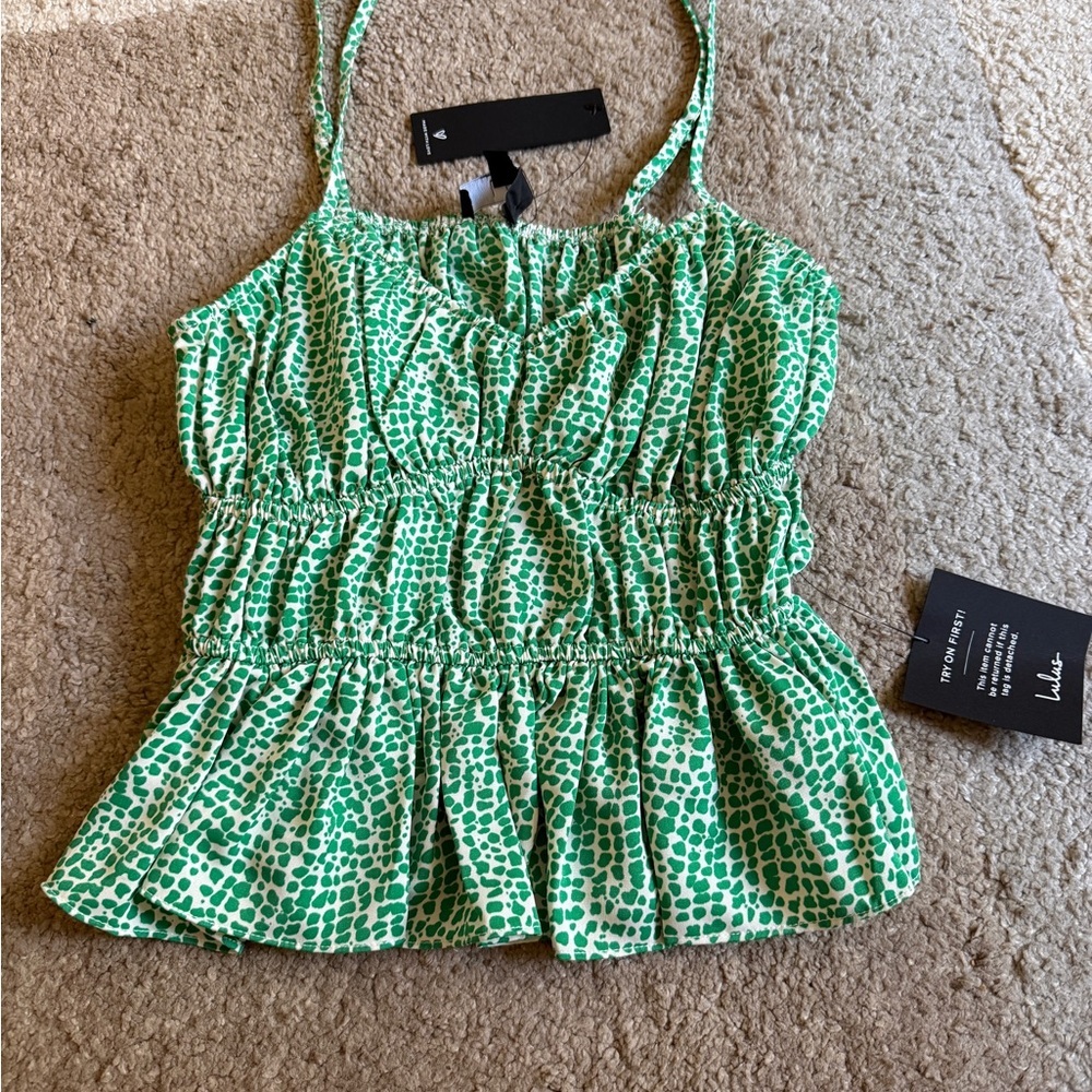 Lulu's Green and White Patterned Peplum Tank Top- Size Small